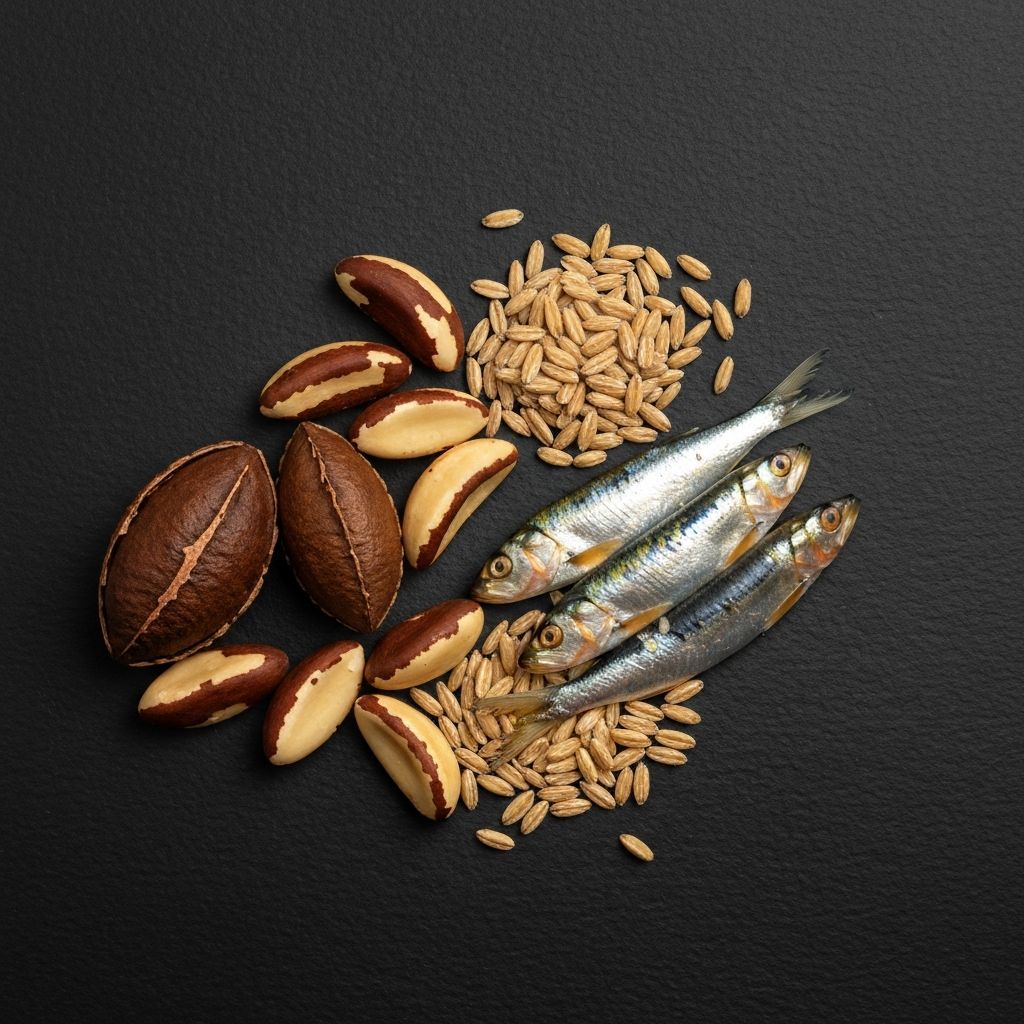 Natural selenium-rich foods including nuts and fish